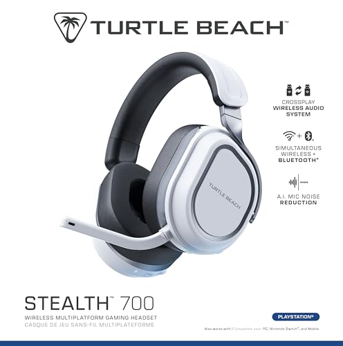Turtle Beach Stealth 700 Wireless Multiplatform Gaming Headset Renewed, PS5 | PlayStation, PS4, Bluetooth, 60mm Dual Drivers, 80-Hr Battery, Noise-Cancelling Flip-to-Mute Mic, Dual Transmitters, White - color: White, style: Stealth 700
