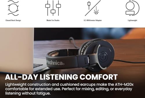 Audio-Technica ATH-M20x Professional Monitor Headphones - Black Bundle with Case and Austin Bazaar Polishing Cloth - color: Black, style: M20x