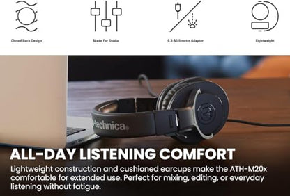 Audio-Technica ATH-M20x Professional Monitor Headphones - Black Bundle with Case and Austin Bazaar Polishing Cloth - color: Black, style: M20x