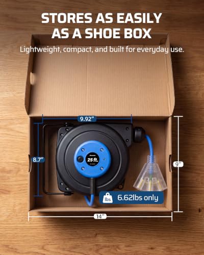 DEWENWILS 25FT Retractable Extension Cord Reel, 3-Outlet,14/3C SJTOW Cable - color: 25 Ft 14awg Blue