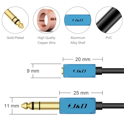J&D 1/4 inch to 3.5 mm Headphone Adapter, 3.5 mm 1/8 inch TRS Female to 6.35 mm TRS Male Stereo Audio Extension Cable with Heavy Duty Aluminum Alloy Shell, 1 Feet - size: 1 Feet