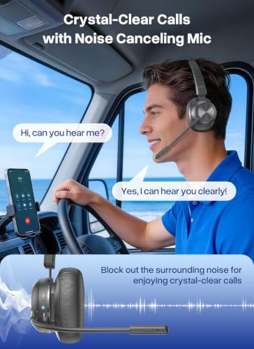 Trucker Bluetooth Headset, Wireless Headset with Microphone | USB Dongle, On Ear Bluetooth Headphones with AI Noise Cancelling 50H Playback Mute Button for Truck Driver Office Work, Ash - color: Ash