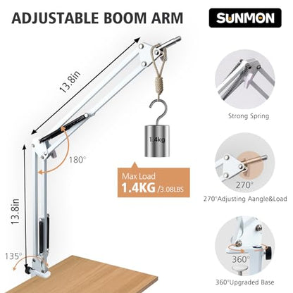 SUNMON White Boom Arm for Fifine K688 - Mic Boom Arm Compatible with Fifine Microphone, Mic Boom Arm with 3/8" to 5/8" Screw Adapter Clip, Microphone Boom Arm with Desk Clamp - color: Mic Arm for Fifine K688-White