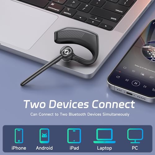 Wireless Headset Bluetooth Earpiece with Dual Noise Canceling Single Earbud | Hands Free Headphones Ear Earphone Over Ear Earbud for iPhone Samsung Android Cellphones TV PC Trucker Game Work Driving
