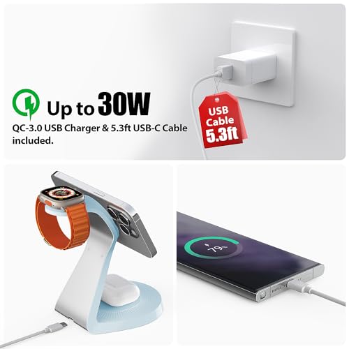 3 in 1 Charging Station for Apple Devices,Mag-Safe Charger Stand Fast Charging,Wireless Charger for iPhone 16/15/14/13/12 Series,& AirPods,& iWatch(USB Charger Included) - color: Light Blue