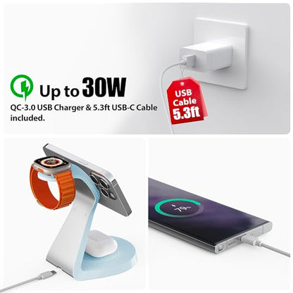 3 in 1 Charging Station for Apple Devices,Mag-Safe Charger Stand Fast Charging,Wireless Charger for iPhone 16/15/14/13/12 Series,& AirPods,& iWatch(USB Charger Included) - color: Light Blue