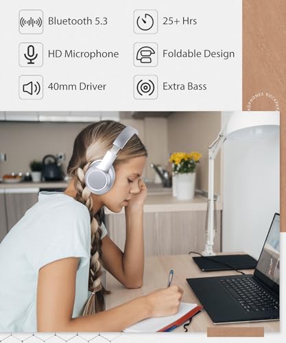 rockpapa E8 Over the Ear Bluetooth Headphones with Microphone for Kid Children Boy Girl Youth Teen Adult, Foldable Wired/Wireless Headphones with Mic, Include Travel Case, Silver - color: Silver, style: with Case