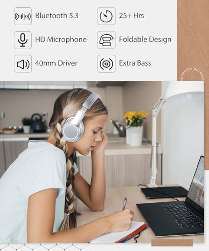 rockpapa E8 Over the Ear Bluetooth Headphones with Microphone for Kid Children Boy Girl Youth Teen Adult, Foldable Wired/Wireless Headphones with Mic, Include Travel Case, Silver - color: Silver, style: with Case