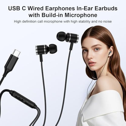 Samsung Earbuds Wired Headphones USB C for Samsung Galaxy S26 Ultra A37 A57 S25 Ultra S25FE A36 A17 A16 A56 S24 S23,Wired Earphones USBC Earbuds with Microphone for iPhone 17 Pro Max Air 16e 16Plus 15 - color: Black
