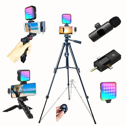for iPhone Vlogging Kit, Vlogging Kit for Andriod Phone with Two Tripods RGB Light Lavalier Microphone Remote for YouTube Tiktok Content Creator - size: M with Wirless Mic