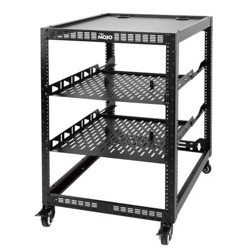 TECMOJO 16U Open Frame Network Rack for IT &AV Gear, AV Rack 4-Post with casters, Mobile 16U Rack with 2 PCS 1U Server Rack Shelf & Mounting Hardware, for 19" Network,Audio and Video Device - size: 16U with Casters