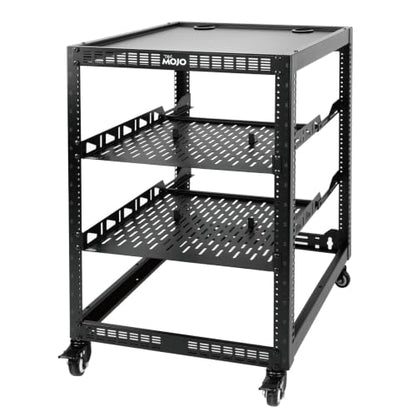TECMOJO 16U Open Frame Network Rack for IT &AV Gear, AV Rack 4-Post with casters, Mobile 16U Rack with 2 PCS 1U Server Rack Shelf & Mounting Hardware, for 19" Network,Audio and Video Device - size: 16U with Casters