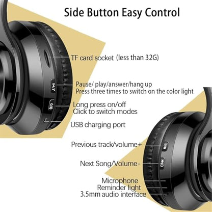 Over Ear Wireless Headphones with Noise Reduction, Mic Deep Bass HiFi Stereo, Foldable Lightweight LED Headset for PC Home Travel Office (Black) - color: Black