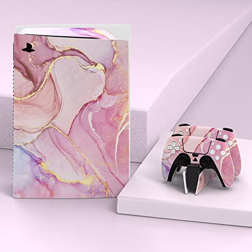 PlayVital Cosmic Pink Gold Marble Effect Full Set Skin Decal for ps5 Console Disc Edition, Sticker Cover for ps5 Controller & Charging Station & Headset & Media Remote - color: Cosmic Pink Gold Marble
