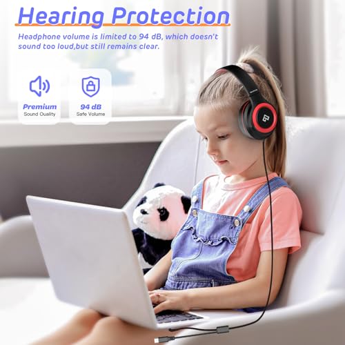 Kids Headphones Wired with Volume Limiter, Over Ear Safe Sound Headset with HD Mic, 85/94dB Volume Limiter, 3.5mm & USB C Headphones for School, Travel, iPad, Laptop, Back to School Supplies - color: Red