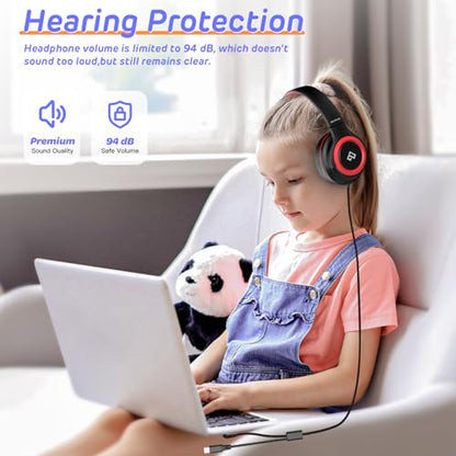 Kids Headphones Wired with Volume Limiter, Over Ear Safe Sound Headset with HD Mic, 85/94dB Volume Limiter, 3.5mm & USB C Headphones for School, Travel, iPad, Laptop, Back to School Supplies - color: Red