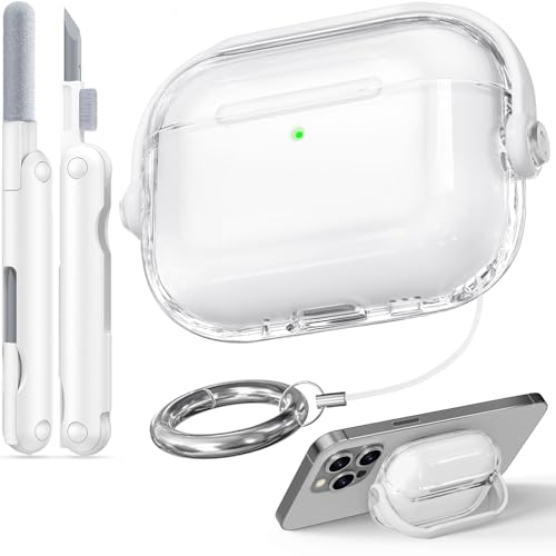 Case for Apple Airpods Pro 3 (Clear+White) | with Safety Lock, Phone Holder Function, High-Transparency TPU Material, with Portable Hook, Multifunctional Cleaning Tool - color: AA-Clear+White, size: Airpods Pro 3 (2025)