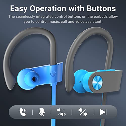 Bluetooth 5.3 Headphones, Wireless Sports In-Ear Earbuds IPX7 Waterproof | 16 Hours Playtime, Sweatproof Stereo Earphones with MIC, Noise Cancelling Headsets for Gym Running Workout, Clear Sound - color: Blue