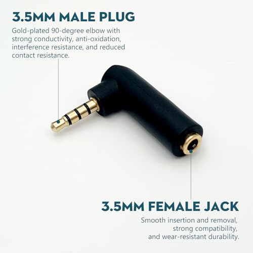 Right Angle 3.5mm TRRS Audio Adapter – 90° Gold-Plated Male to Female AUX Connector (2-Pack) for Headsets, MP3, Tablets, Controllers, and More