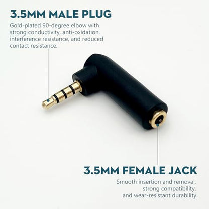 Right Angle 3.5mm TRRS Audio Adapter – 90° Gold-Plated Male to Female AUX Connector (2-Pack) for Headsets, MP3, Tablets, Controllers, and More