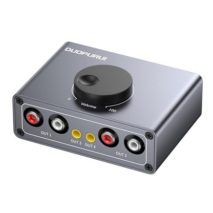 RCA Stereo Audio Switcher, 2 in 1 Out / 1 in 2 Out Bi-Directional RCA Audio Selector Splitter, Passive No External Power Required for TV Speaker Amplifier