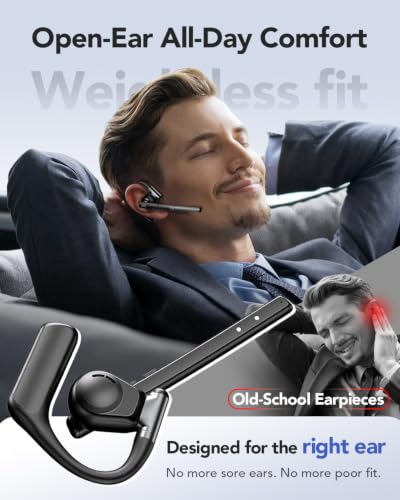 Bluetooth 6.0 Open-Ear Headset with Noise-Canceling Microphone | 96-Hour Talk Time, 950mAh Charging Case and Mute Button for Truckers, Work, iOS, Android and Laptops