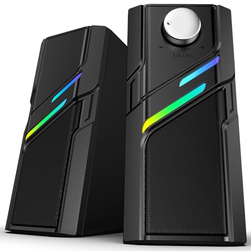 LENRUE Computer Speakers for Desktop PC with Easy Knob, Clear Powerful Sound, Touch Lights, Plug and Play for Computer Desktop PC, Monitors, Laptop