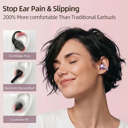 HJX Gen3 Open Ear Clip On Earbuds Headphones Over Ear for Running Workout, Wireless Ear Buds with 14mm Drivers Powerful Sound, IPX7 Waterproof, Bluetooth 6.0 Hi-Res, FlexiClip Design,Purple - color: Purple