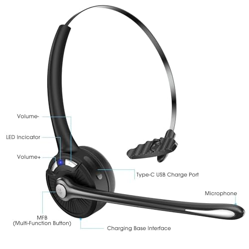 Bluetooth Headset with Microphone, Noise Canceling Wireless On Ear Headphones, Bluetooth Headphones with Mic Charging Base, Phone Headset Mute Button for Laptop, Skype, Call Centers, Office, Trucker - color: Black-03