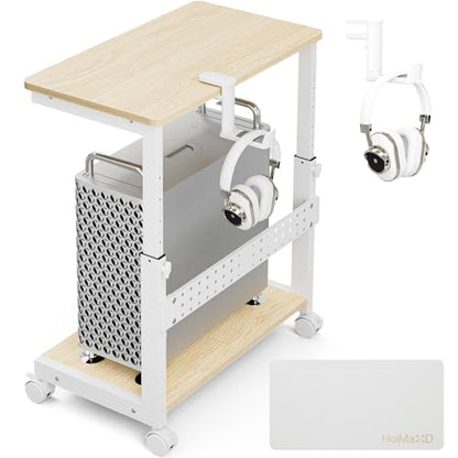 Height Adjustable Computer Tower Stand, 2-Tier ATX-Case CPU Holder with Mouse Pad & Headphone Stand, Mobile PC Standing Under Desk, Home Office Gaming Accessories, Computer Cart Wheels, Maple - color: Maple