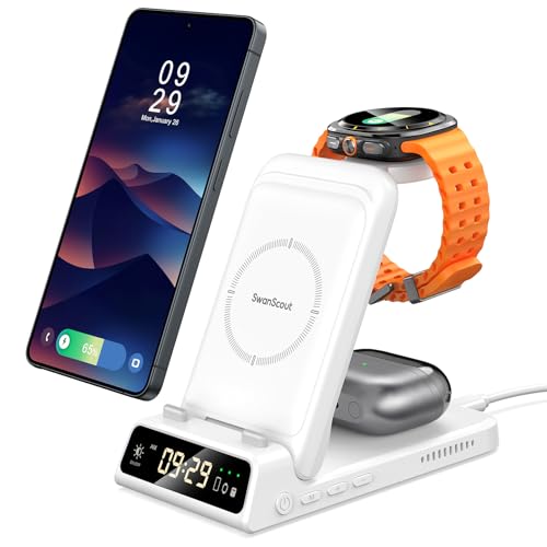 Charging Station for Samsung Phone, Watch & Buds, SwanScout 703S (White) | Foldable for Travel, Not for Samsung Watch 9/Ultra 2, Works on Nightstand or Desk, Built-in Clock, Adapter Not Included - color: White
