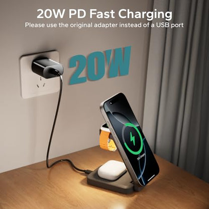 Eazpower 3 in 1 Foldable Wireless Charging Station for MagSafe, Nightstand Magnetic Charger Stand for iPhone 17 16 15 14 Pro Max, Travel Charging Dock with Night Light for Apple Watch/AirPods (Gray) - color: Gray