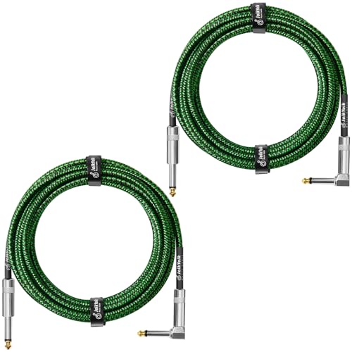 Guitar Cable 15ft 2-Pack, Tweed Cloth Braided Instrument Cable, TS 1/4 Inch Angled to Straight, for Electric Guitar/Bass/Amp, Black & Green - color: Green, size: 15ft