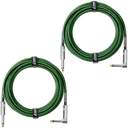 Guitar Cable 15ft 2-Pack, Tweed Cloth Braided Instrument Cable, TS 1/4 Inch Angled to Straight, for Electric Guitar/Bass/Amp, Black & Green - color: Green, size: 15ft