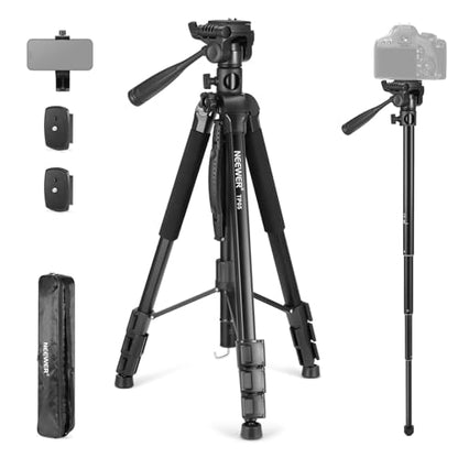 NEEWER Basics TP05 74" Video Tripod Monopod, 3 Way Pan Tilt Head Phone Holder Compatible with iPhone DSLR, Travel Recording Stand, Overhead Camera Mount, Crossbar, 17.6lb Load - style: TP05 w/Phone Holder