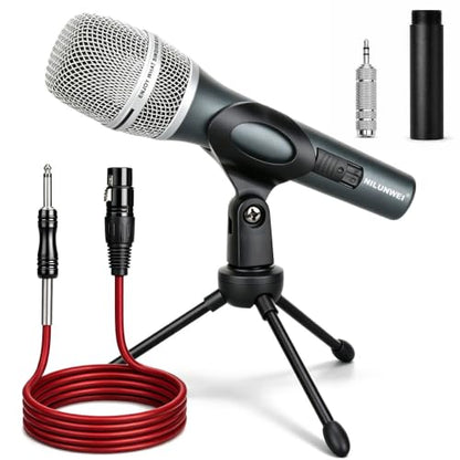 Dynamic Microphone - Heart shaped Directional Wired Microphone, used as a vocal microphone for live sing, with 14 foot XLR to 1/4 inch audio cable, desktop tripod, extension pole, Mic storage bag