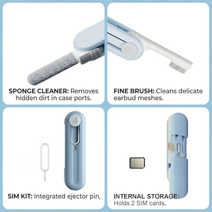 3-in-1 Electronic Earbuds Cleaning Kit c/w SIM Ejection Pin & Storage Slot | Phone Cleaner Tool with High-Density Brush by JM.JEEMI, Portable 2.8in Case for AirPod Phone Tablet Charging Port - Blue - size: 3-in-1