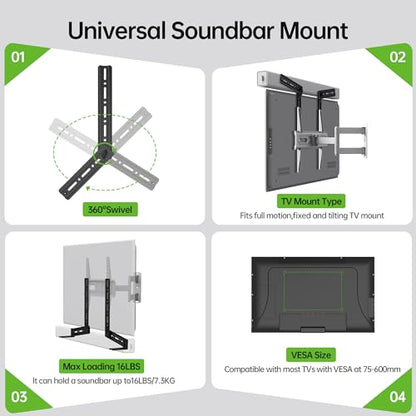 USX MOUNT Soundbar Mount, Sound Bar Mount for Mounting Above or Under TV, Fits Most of Sound Bars Up to 16 Lbs, with Detachable Extension Plates - size: Soundbar Mount up to 16 lbs