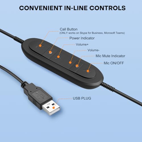 MKJ USB Headset for Computer Laptop, Noise Canceling Mic, in-line Control | PC headphones, Plug & Play, USB-A, Compatible with Zoom Teams Jabber, Call Center Office, Online Meeting, All-day Comfort