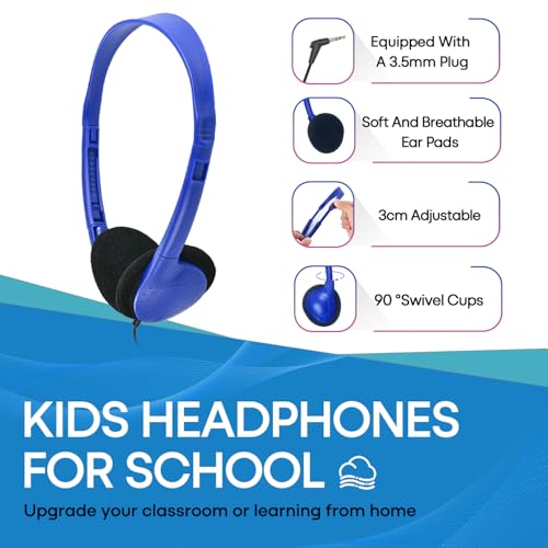 Classroom Headphones Bulk 25 Pack Class Set for School Students Kids and Adult -Sturdy Wired 3.5mm Plug (Blue, 25 Pack) - color: Blue, size: 25 Pack