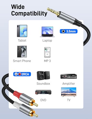 RCA to 3.5mm AUX Cable, 10FT Gold Plated 3.5mm Male to 2RCA Male Stereo Audio Splitter Cord for Smartphones MP3, Tablet, Speakers, high Definition TV and More RCA deices. - size: 10FT
