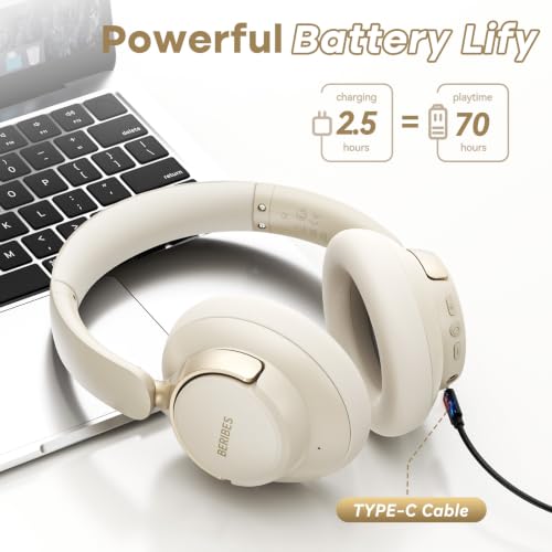 BERIBES Hybrid Active Noise Cancelling Headphones Wireless Over Ear 70Hours | Foldable Bluetooth 6.0,Transparent Modes,3.5MM Cable,Lightweight Built-in Mic,HiFi Stereo Deep Bass,Soft-Earpad,Fast Charging - color: Beige
