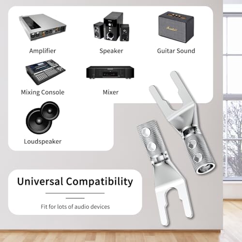 4PCS Spade Connector,45 Degree Pure Copper Audio Fork Y Spade Plug DIY with Heat Shrink Tubing and Hex Wrench,Double Screw Locking Speaker Cable Plug for Speaker Cables (Knurled Rhodium Plated) - color: Rhodium Plated Knurled Style