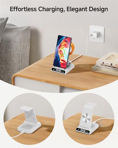 Wireless Charger for Samsung S26 Ultra, Galaxy Watch 9/Ultra 2/8/Buds4 Pro | for Samsung S26+/S25 Ultra/S25/Z Flip8/S24/S23/S22, Galaxy Watch 8/Ultra/7/6/5, Galaxy Buds4 Pro, Space-saving, LED Clock - color: White
