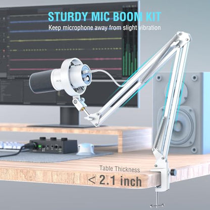 FIFINE AmpliTank K688CTW Dynamic Microphone with Boom Arm, XLR/USB Mic | Studio Vocal Podcast Mic Kit for PC, with Mute Button, Volume Knob, Headphone Jack, for Streaming Recording, White - size: K688CT White