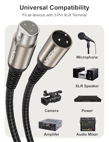 VIOY XLR Microphone Cable 2 Pack 15 FT, Male to Female Balanced Mic Cord | Self-locking XLR plug, aluminum shell,3-pin Braided microphone extension cord for studio recording, mixer and podcast use - size: 15FT-2Pack