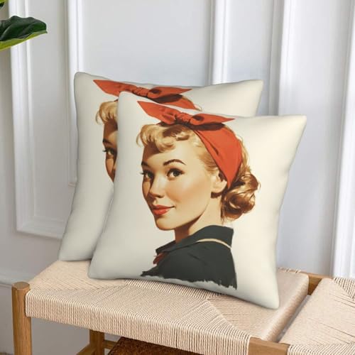 Retro Woman Red Headband Big Bow On Head Throw Pillows Covers, Couch Sofa Pillow Cases,Zipper Bedding Cushion Cases for Living Room,18x18 Inch