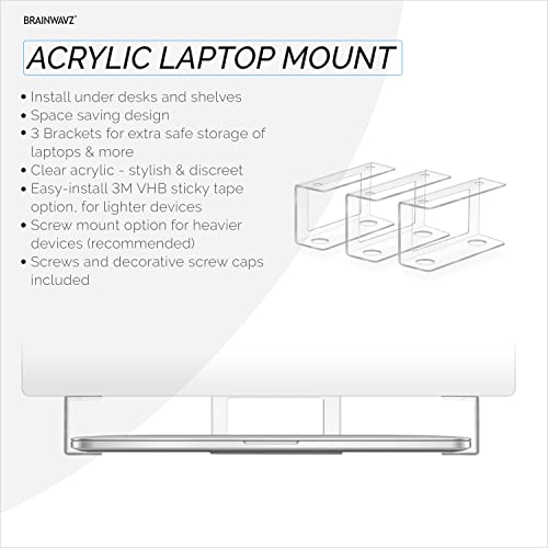 BRAINWAVZ Transparent Under Desk Laptop Holder Mount with Adhesive & Screw in, Devices Upto 1.8" Thick for Laptops, Macbooks, Surface, Cable Box, Routers, Keyboard, Modems, Network Switch & More - color: Transparent