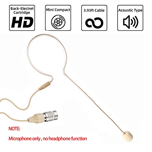 Headset Headworn Microphone - Hirose 4 Pin Plug Head Microphone for Audio Technica Wireless System & Bodypack Transmitter – Beige Single Earhook Omnidirectional Headset Head Mic
