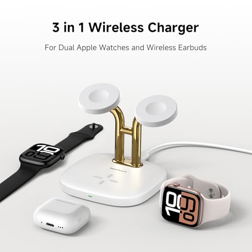 3 in 1 Dual Watch Wireless Charger Stand for Apple Watch Ultra/11 & AirPods | Dual magnetic watch charging, 5W Fast watch charge, Ergonomic design, Chrome plated plastic stand, Multi safety guard, 704A - color: White & Gold